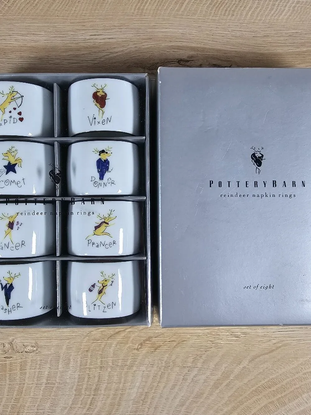 Pottery Barn Reindeer Napkin Rings Set of 8 Christmas Porcelain Japan with Box